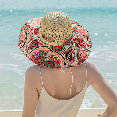 4 цвята Дамска сгъваема широкопола шапка за слънце Ins Сенник в бохемски стил Летен плаж Слънцезащитен крем Сламена шапка Шапка за слънце