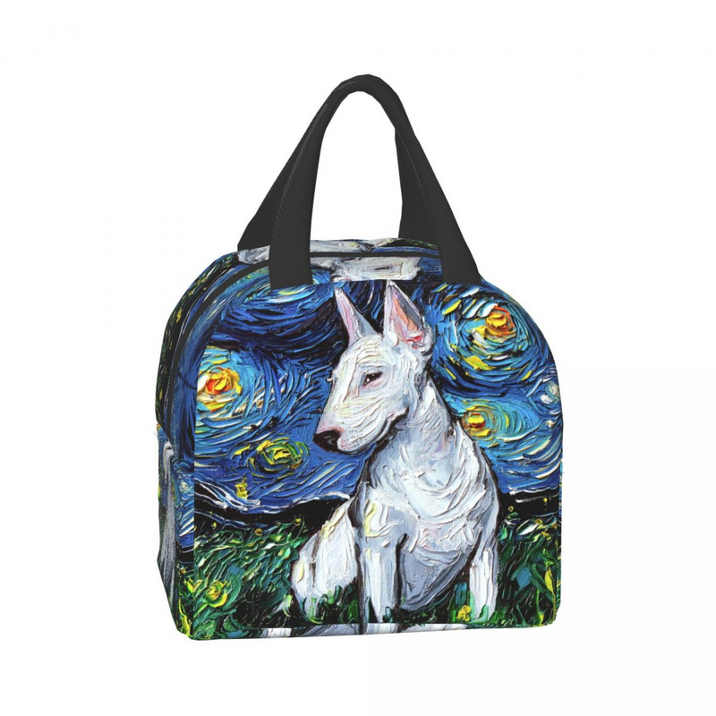 Starry Night Bull Terrier Dog Geantă de prânz termoizolată Cutie de prânz portabilă pentru femeie, geantă multifuncțională pentru picnic.