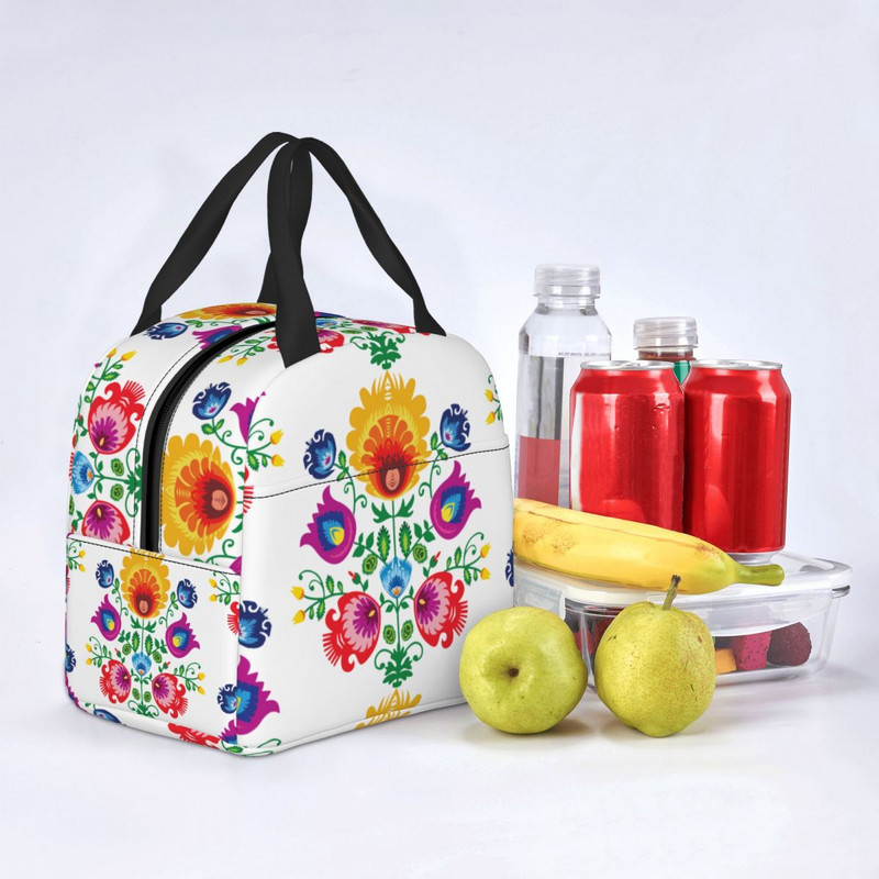 Полска фолклорна флорална чанта за обяд Полска флорална арт охладителна термоизолирана кутия за обяд за жени, деца, училищни чанти за храна за пикник
