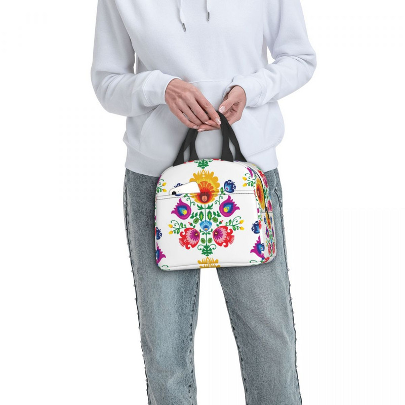 Полска фолклорна флорална чанта за обяд Полска флорална арт охладителна термоизолирана кутия за обяд за жени, деца, училищни чанти за храна за пикник