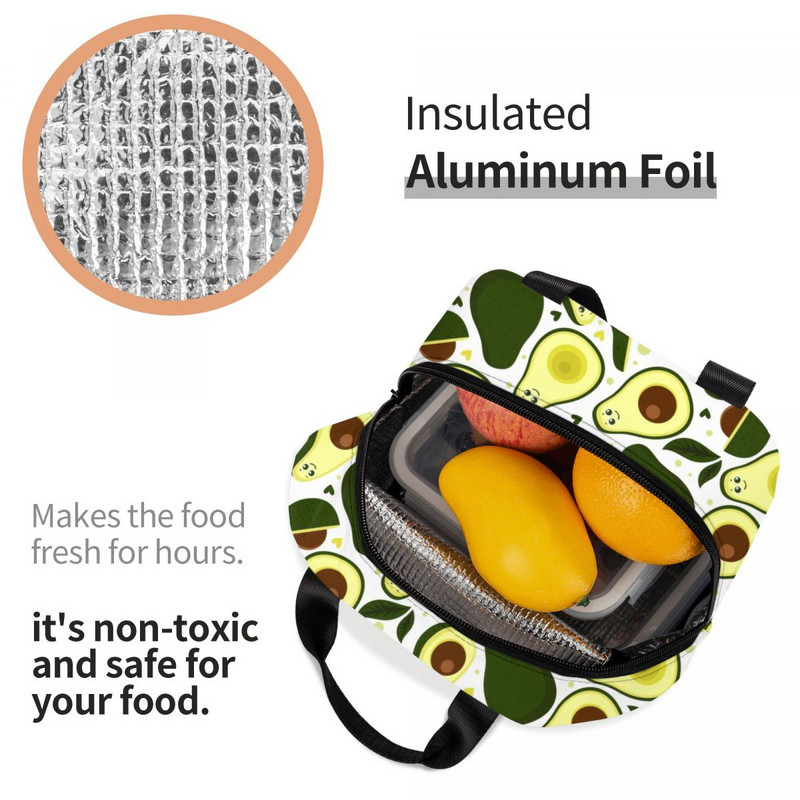 Вегански плодове, авокадо, изолирана чанта за обяд за жени, охладител, термична кутия за храна, за училищна работа, пътни чанти за пикник