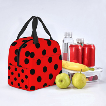 Κόκκινα και μαύρα πουά Θερμομόνωση τσάντα μεσημεριανού μοτίβο πασχαλίτσες Φορητή τσάντα μεσημεριανού για παιδιά Σχολικό πολυλειτουργικό κουτί φαγητού
