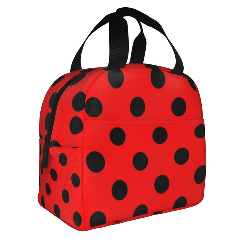 Pungă de prânz termoizolantă cu buline roșii și negre, model de gărgărițe, geanta portabilă de prânz pentru copii, școală, cutie multifuncțională pentru alimente