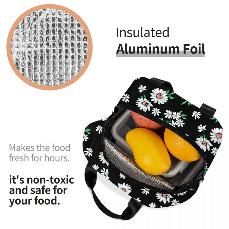 Cutie de prânz cu flori cu margarete pentru femei, cutie de prânz cu margarete, cu flori, geantă de prânz termoizolată pentru alimente, genți portabile pentru picnic pentru școală