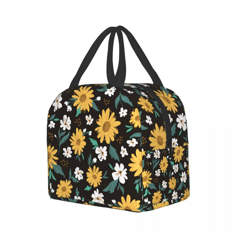 Geantă de prânz izolată cu floarea soarelui și margarete, pentru femei, impermeabilă, cu flori florale, cutie termică pentru prânz, birou, muncă, școală, picnic