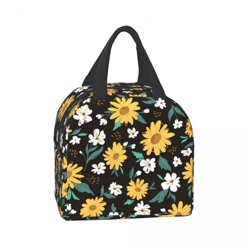 Geantă de prânz izolată cu floarea soarelui și margarete, pentru femei, impermeabilă, cu flori florale, cutie termică pentru prânz, birou, muncă, școală, picnic