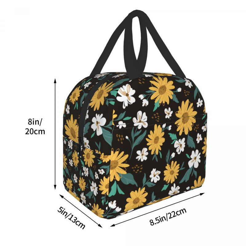 Geantă de prânz izolată cu floarea soarelui și margarete, pentru femei, impermeabilă, cu flori florale, cutie termică pentru prânz, birou, muncă, școală, picnic