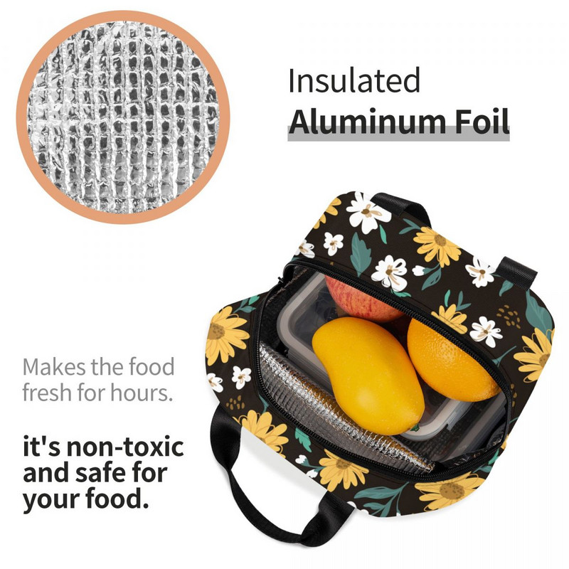 Geantă de prânz izolată cu floarea soarelui și margarete, pentru femei, impermeabilă, cu flori florale, cutie termică pentru prânz, birou, muncă, școală, picnic