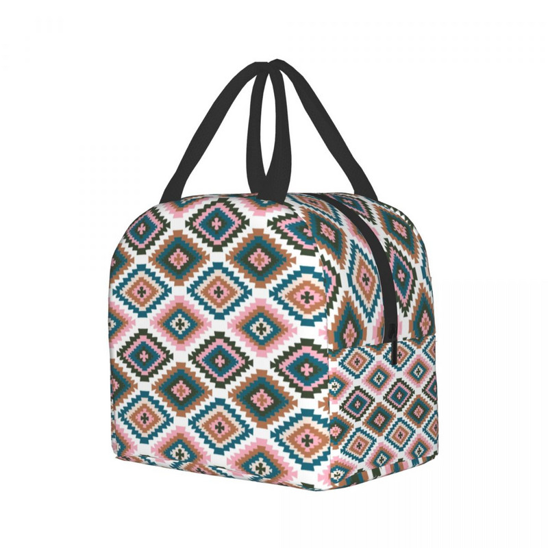 Geantă de prânz izolată cu imprimare etnică etnică Bohemia Geantă termică reutilizabilă Cutie de prânz tribală persană pentru școală, femei, copii