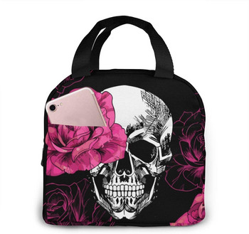 Φορητή μονωμένη τσάντα μεσημεριανού γεύματος Pink Roses Skull Print- Printed Lunch Bag Tote for Women Adult Lunch Box