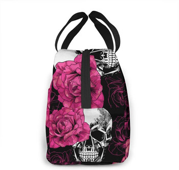 Φορητή μονωμένη τσάντα μεσημεριανού γεύματος Pink Roses Skull Print- Printed Lunch Bag Tote for Women Adult Lunch Box