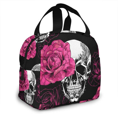 Hordozható szigetelt ebédtáska Pink Roses Skull Print- Nyomtatott ebédtáska táska nőknek felnőtt ebédlődoboz