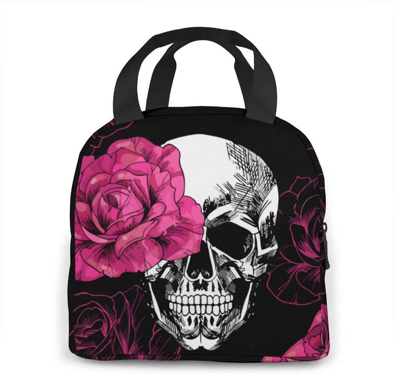 Geantă de prânz portabilă izolată, cu imprimeu cu cranii, trandafiri roz, geantă de prânz imprimată, pentru femei, cutie de prânz pentru adulți