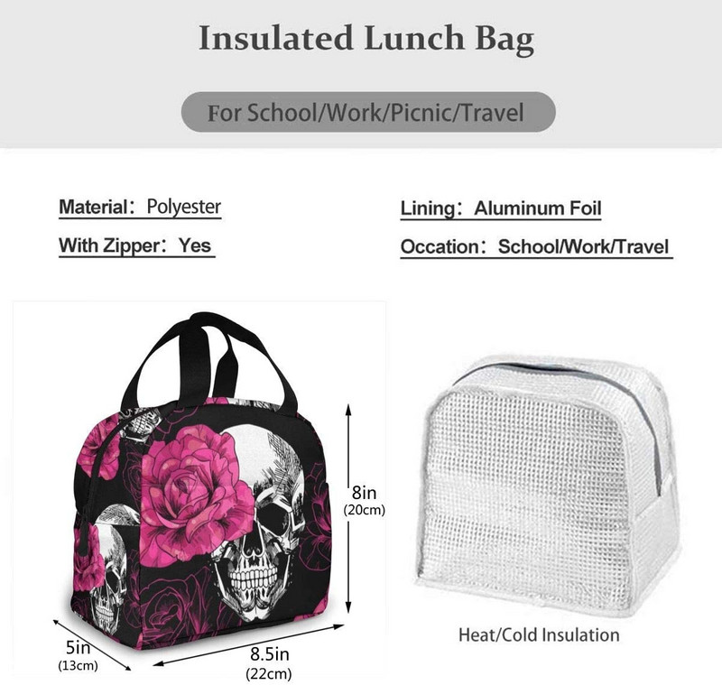 Geantă de prânz portabilă izolată, cu imprimeu cu cranii, trandafiri roz, geantă de prânz imprimată, pentru femei, cutie de prânz pentru adulți