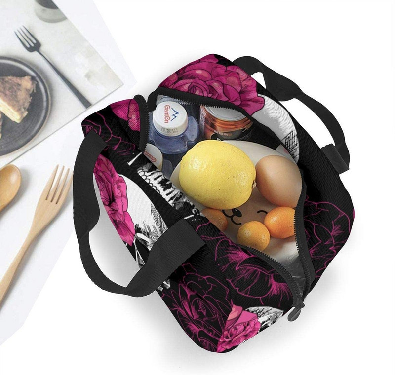 Geantă de prânz portabilă izolată, cu imprimeu cu cranii, trandafiri roz, geantă de prânz imprimată, pentru femei, cutie de prânz pentru adulți