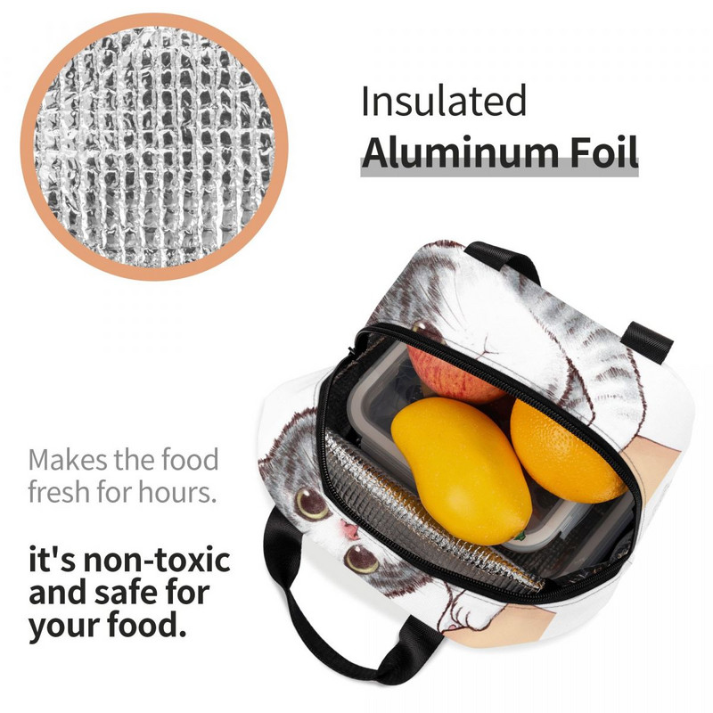 Geantă de prânz cu pisică drăguță, fără săruturi, pentru femei, pisicuță, iubitorul de animale de companie, răcitor portabil, cu izolare termică, cutie de prânz pentru școală, genți de picnic de lucru