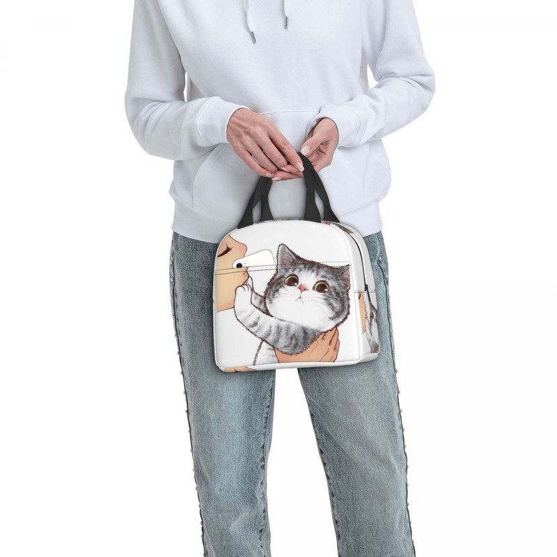 Geantă de prânz cu pisică drăguță, fără săruturi, pentru femei, pisicuță, iubitorul de animale de companie, răcitor portabil, cu izolare termică, cutie de prânz pentru școală, genți de picnic de lucru