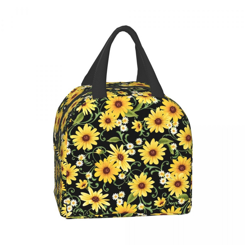 Geantă de prânz izolată cu floarea-soarelui și margarete, pentru femei, copii, saci de picnic în aer liber, răcitoare termică rezistente la scurgeri, cutie bento cu flori florale