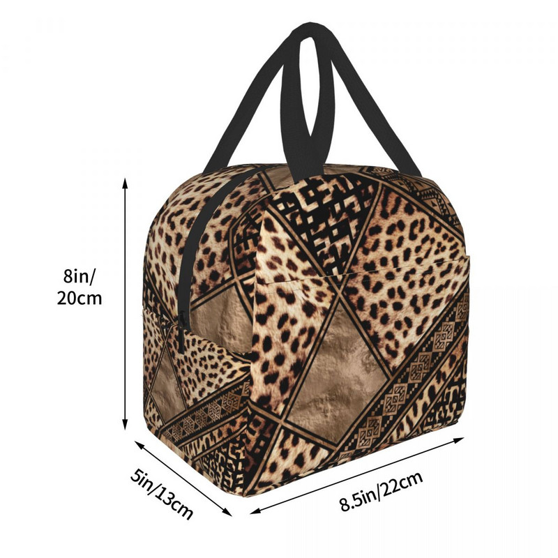 Ornamente cu animale etnice Genți de prânz cu imprimeu de leopard pentru femei, răcitor termic, cutii de prânz izolate pentru copii, geantă de depozitare pentru picnic de școală