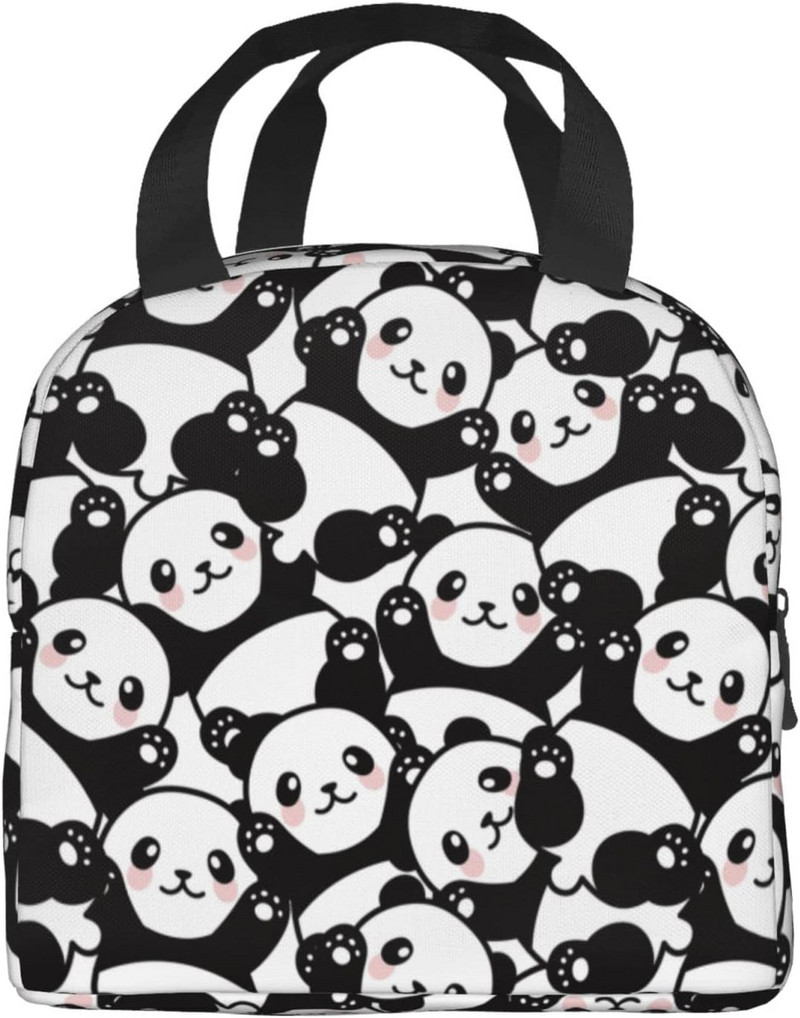 Geantă de prânz imprimată cu model panda de desene animate cu geantă frontală pentru băieți și fete, cutie de prânz pentru studenți rezistentă la scurgeri