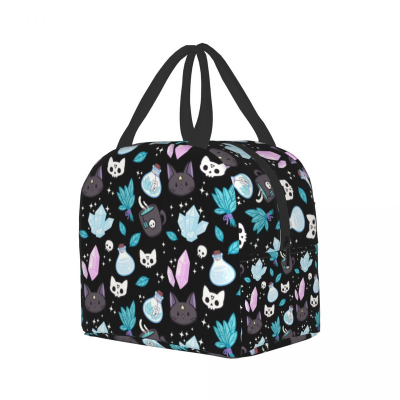 Geantă de prânz termoizolantă cu model de vrăjitoare cu ierburi, pentru biroul școlii, Halloween, pisica, craniu, răcitor etanș, cutie termică Bento, femei, copii