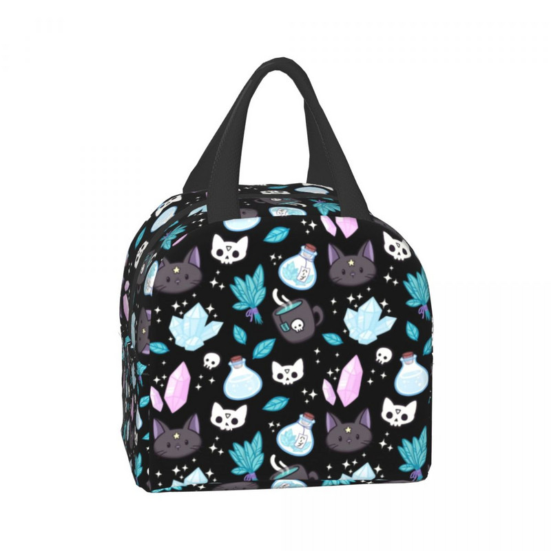 Geantă de prânz termoizolantă cu model de vrăjitoare cu ierburi, pentru biroul școlii, Halloween, pisica, craniu, răcitor etanș, cutie termică Bento, femei, copii