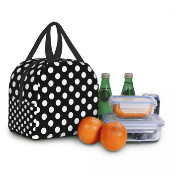 Μαύρο και άσπρο μεσημεριανό τσαντάκι πουά για γυναίκες Φορητό θερμομονωμένο ψυγείο Κουτί φαγητού Κουτί μεσημεριανού γεύματος Σχολική τσάντα ταξιδιού για πικνίκ