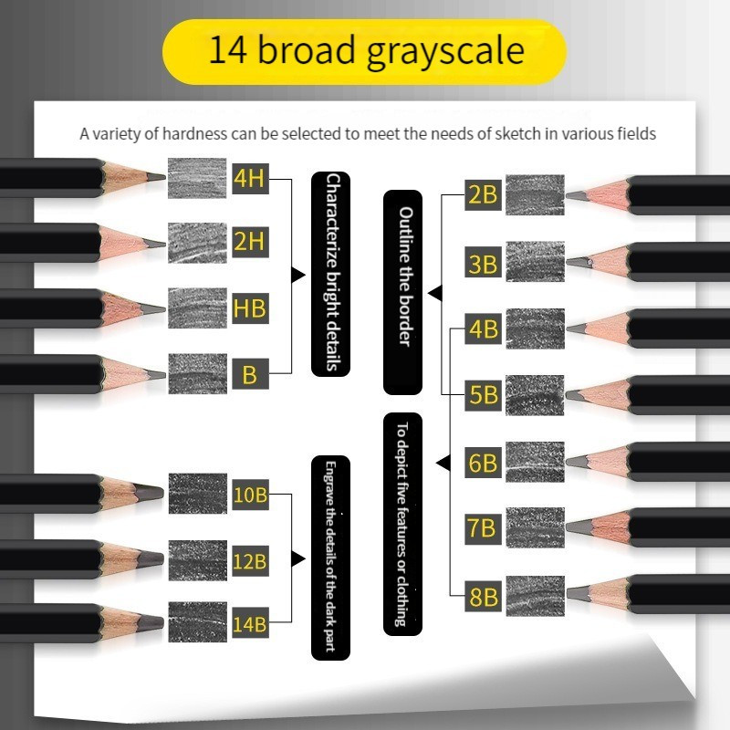 Set de creioane profesionale pentru schiță, 14 buc. HB 2H 4H B 2B 3B 4B 5B 6B 7B 8B 10B 12B 14B Pix pictat manual Articole de papetărie școlare