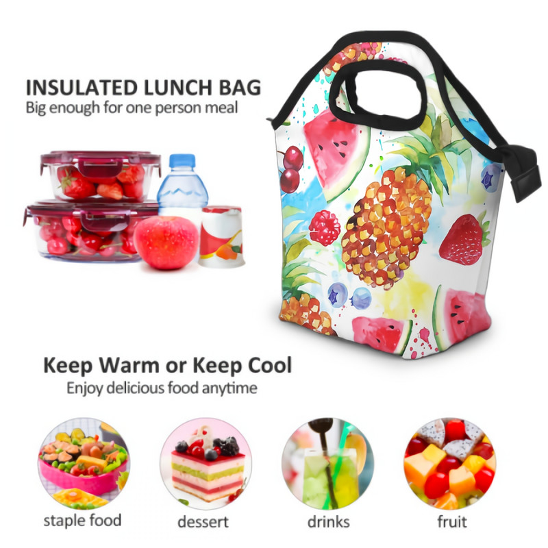 Geantă termică de prânz cu acuarelă, cutie de prânz izolată cu fructe tropicale, geantă reutilizabilă, genți de mână, pentru munca școlară, picnic, plajă