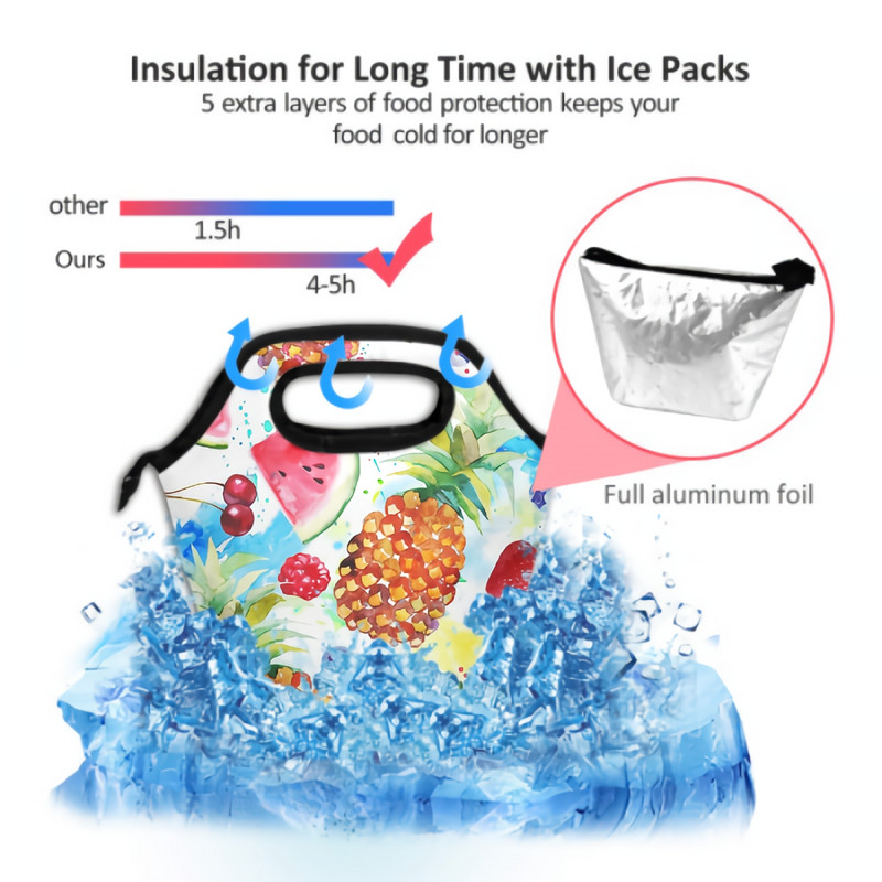 Geantă termică de prânz cu acuarelă, cutie de prânz izolată cu fructe tropicale, geantă reutilizabilă, genți de mână, pentru munca școlară, picnic, plajă