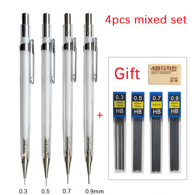 0,3 0,5 0,7 0,9 mm Απλό Διαφανές Μηχανικό Σετ Μολύβι με Μόλυβες Kawaii Clear Automatic Pencil for Student Writing Painting