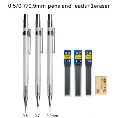 0,3 0,5 0,7 0,9 mm Απλό Διαφανές Μηχανικό Σετ Μολύβι με Μόλυβες Kawaii Clear Automatic Pencil for Student Writing Painting