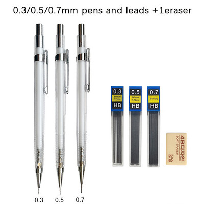 0,3 0,5 0,7 0,9 mm Απλό Διαφανές Μηχανικό Σετ Μολύβι με Μόλυβες Kawaii Clear Automatic Pencil for Student Writing Painting