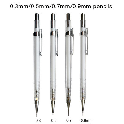 0,3 0,5 0,7 0,9 mm Απλό Διαφανές Μηχανικό Σετ Μολύβι με Μόλυβες Kawaii Clear Automatic Pencil for Student Writing Painting