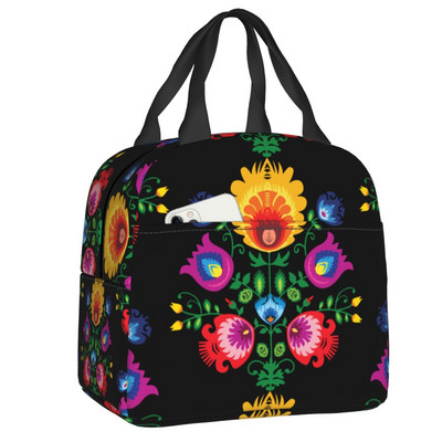 Polish Folk Birds Insolated Lunch Bag Poland Floral Print Portable Thermal Cooler Lunch Box για γυναίκες Παιδιά σχολικές τσάντες