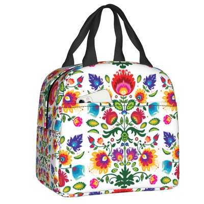 Polish Folk Birds Insolated Lunch Bag Poland Floral Print Portable Thermal Cooler Lunch Box για γυναίκες Παιδιά σχολικές τσάντες