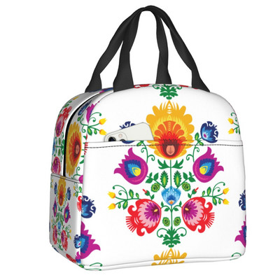 Polish Folk Birds Insolated Lunch Bag Poland Floral Print Portable Thermal Cooler Lunch Box για γυναίκες Παιδιά σχολικές τσάντες
