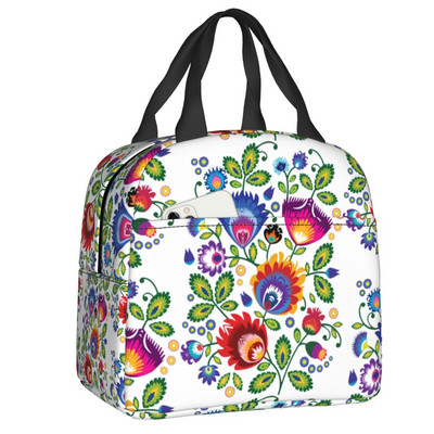 Polish Folk Birds Insolated Lunch Bag Poland Floral Print Portable Thermal Cooler Lunch Box για γυναίκες Παιδιά σχολικές τσάντες