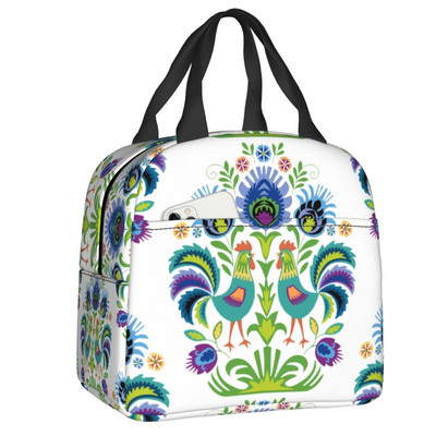 Polish Folk Birds Insolated Lunch Bag Poland Floral Print Portable Thermal Cooler Lunch Box για γυναίκες Παιδιά σχολικές τσάντες