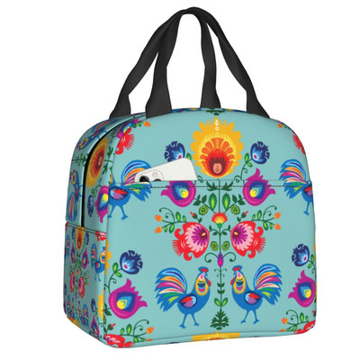 Polish Folk Birds Insolated Lunch Bag Poland Floral Print Portable Thermal Cooler Lunch Box για γυναίκες Παιδιά σχολικές τσάντες