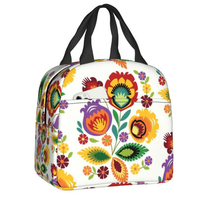 Polish Folk Birds Insolated Lunch Bag Poland Floral Print Portable Thermal Cooler Lunch Box για γυναίκες Παιδιά σχολικές τσάντες