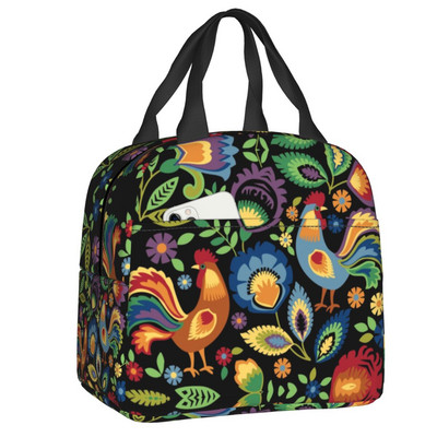 Polish Folk Birds Insolated Lunch Bag Poland Floral Print Portable Thermal Cooler Lunch Box για γυναίκες Παιδιά σχολικές τσάντες