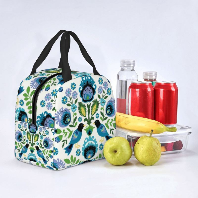 Geantă de prânz izolată cu păsări populare poloneze Polonia cu imprimare florală Radiator termic portabil Cutie de prânz pentru femei, copii, pungi de mâncare pentru școală