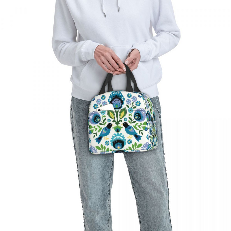 Geantă de prânz izolată cu păsări populare poloneze Polonia cu imprimare florală Radiator termic portabil Cutie de prânz pentru femei, copii, pungi de mâncare pentru școală