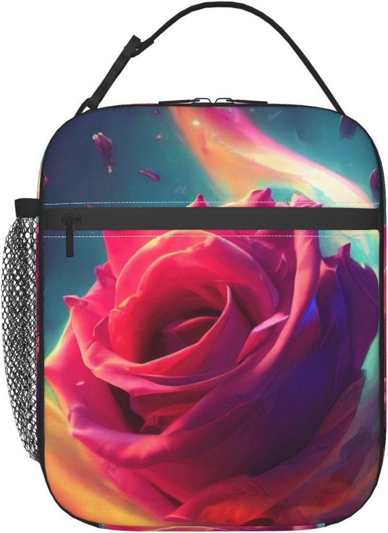 Geantă de prânz cu flori de trandafir de Ziua Îndrăgostiților Cutie de prânz izolată reutilizabilă Geantă portabilă de prânz pentru femei bărbați picnic de lucru