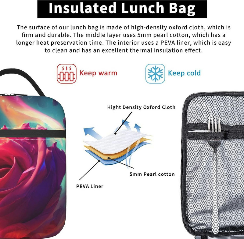 Geantă de prânz cu flori de trandafir de Ziua Îndrăgostiților Cutie de prânz izolată reutilizabilă Geantă portabilă de prânz pentru femei bărbați picnic de lucru