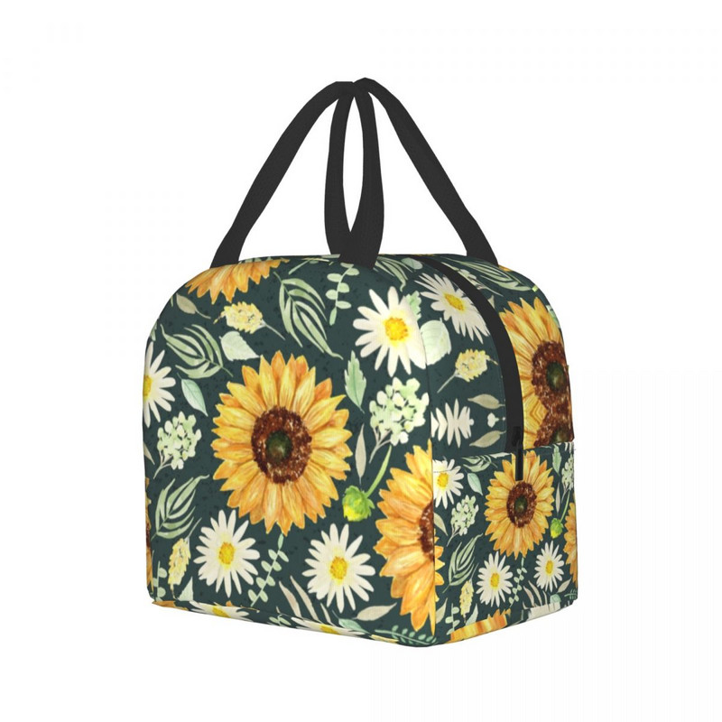 Saci de prânz izolate cu floarea-soarelui și margarete florale pentru femei Radiator termic portabil Cutie de prânz cu flori pentru copii, copii, școlari