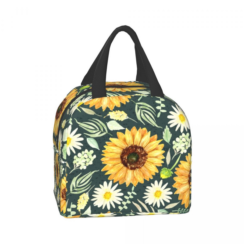 Saci de prânz izolate cu floarea-soarelui și margarete florale pentru femei Radiator termic portabil Cutie de prânz cu flori pentru copii, copii, școlari