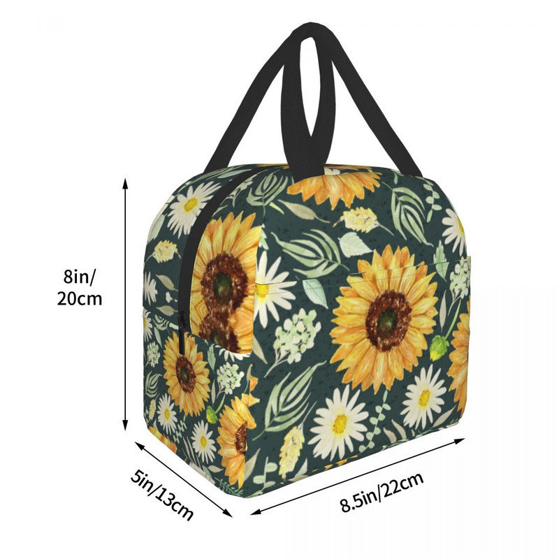 Saci de prânz izolate cu floarea-soarelui și margarete florale pentru femei Radiator termic portabil Cutie de prânz cu flori pentru copii, copii, școlari