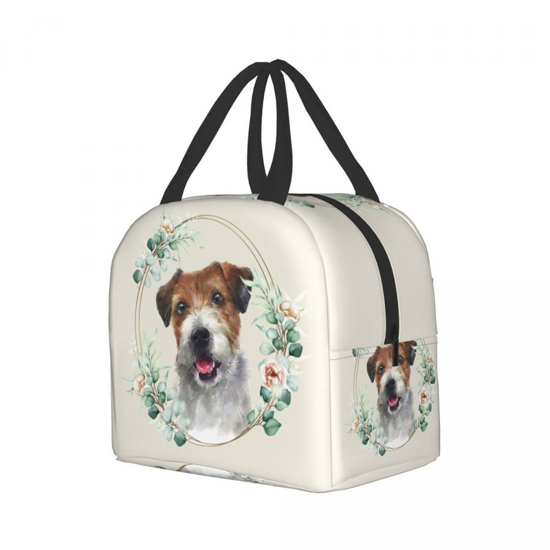 Câine Jack Russell Terrier în geantă de prânz cu izolație florală pentru femei, cutie frigorifică termică pentru iubitor de animale de companie, genți de călătorie pentru picnic